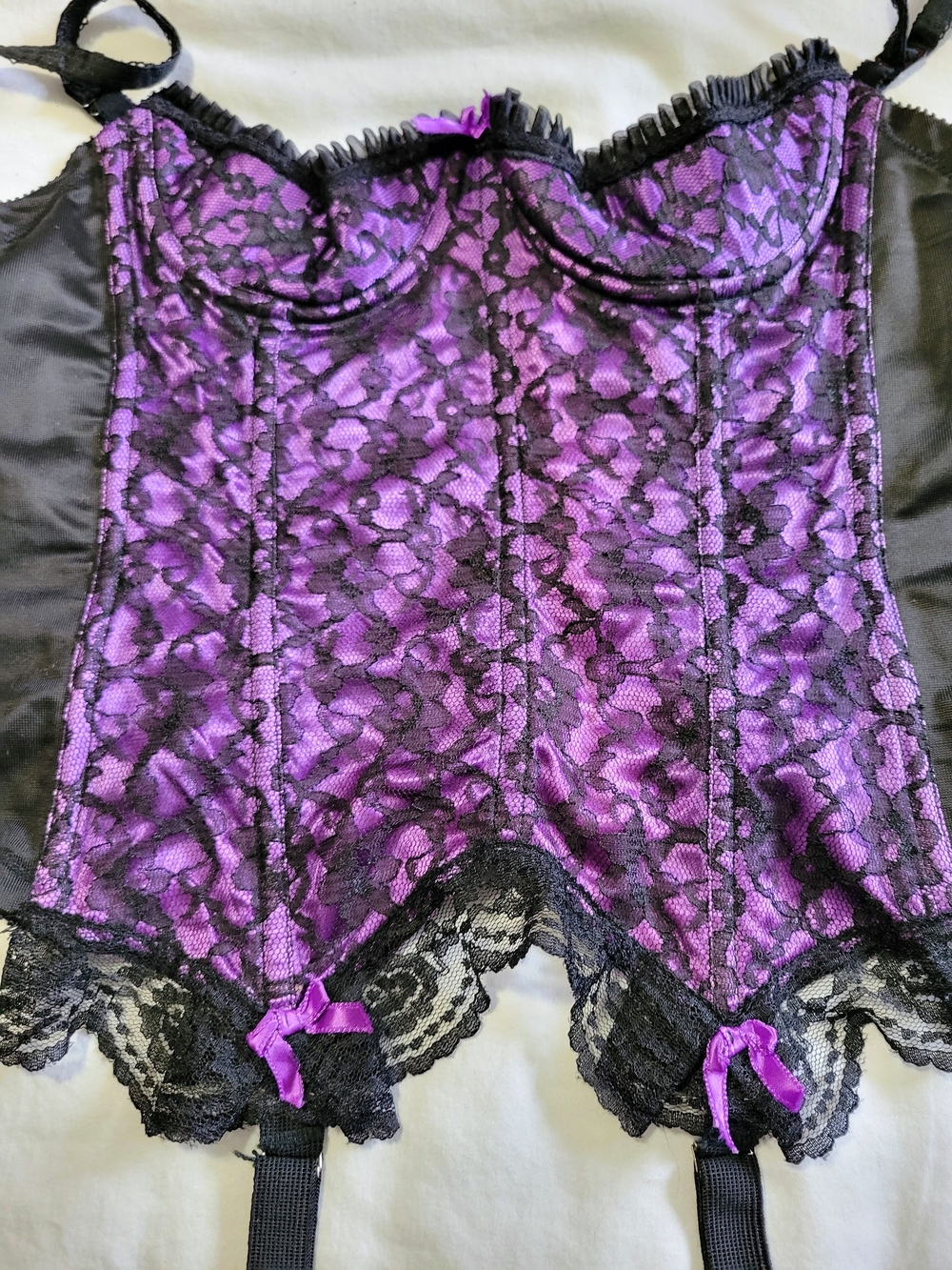 Vintage Fredericks of Hollywood Purple and Black Lace Bustier with Garter Straps - Picture 3 of 11